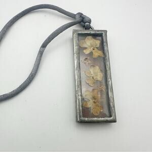 PRESSED FLOWER NECKLACE Gray Cord Artissan Handcrafted Bohemian Boho Jewelry